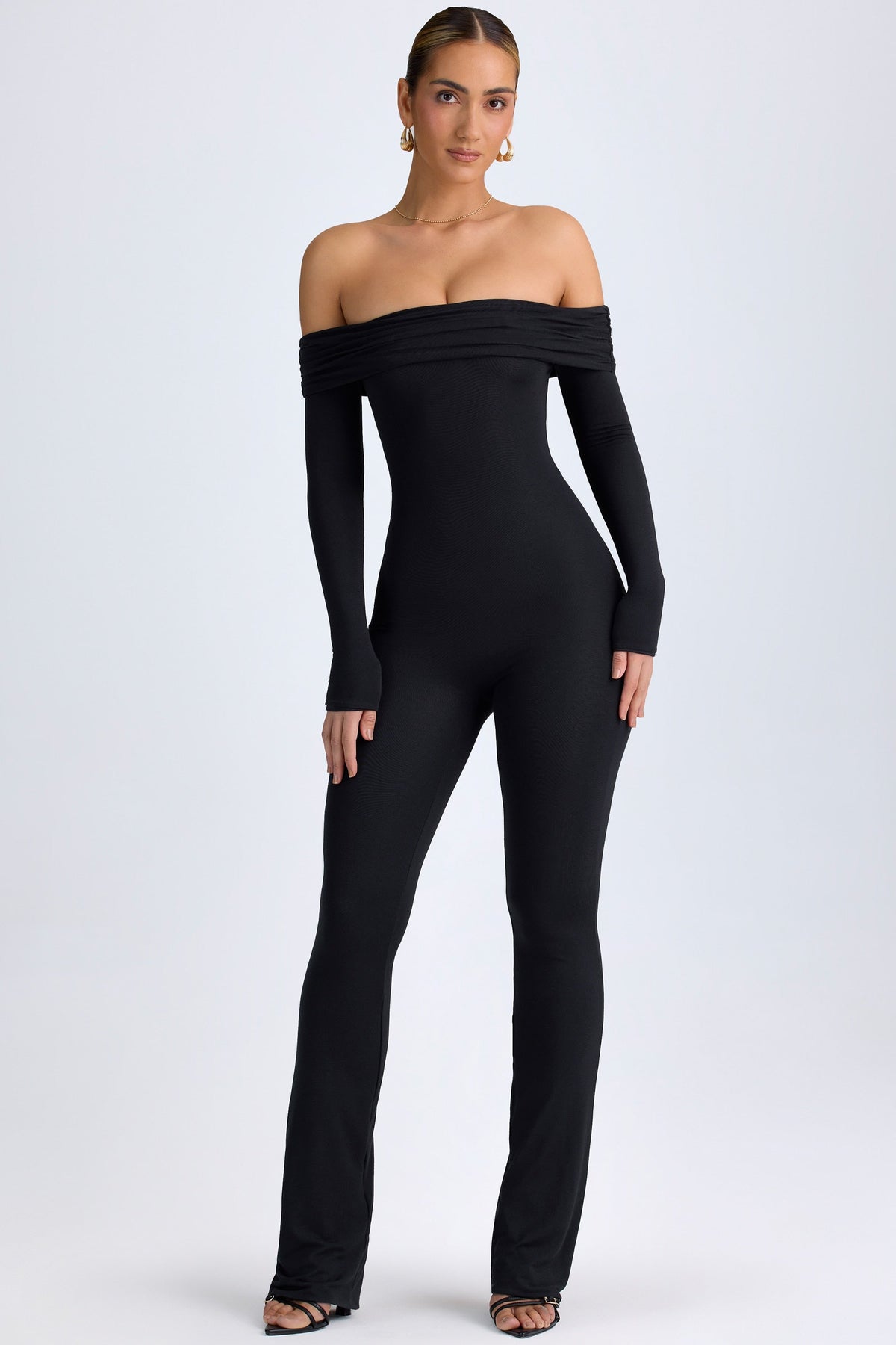 Chic Modal Off-Shoulder Ruched Jumpsuit in Black