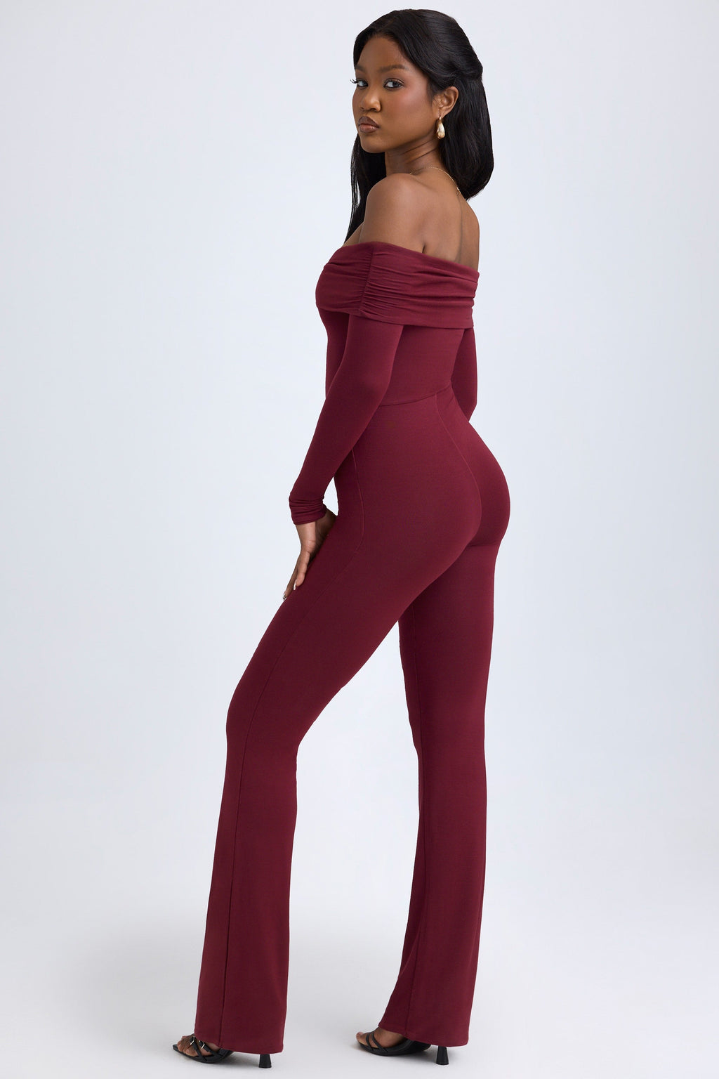 Chic Modal Off-Shoulder Ruched Jumpsuit in Wine Red