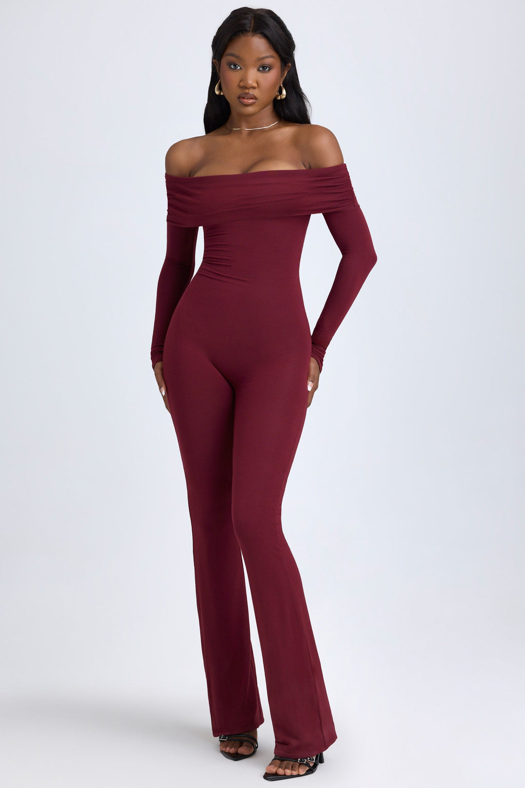 Chic Modal Off-Shoulder Ruched Jumpsuit in Wine Red