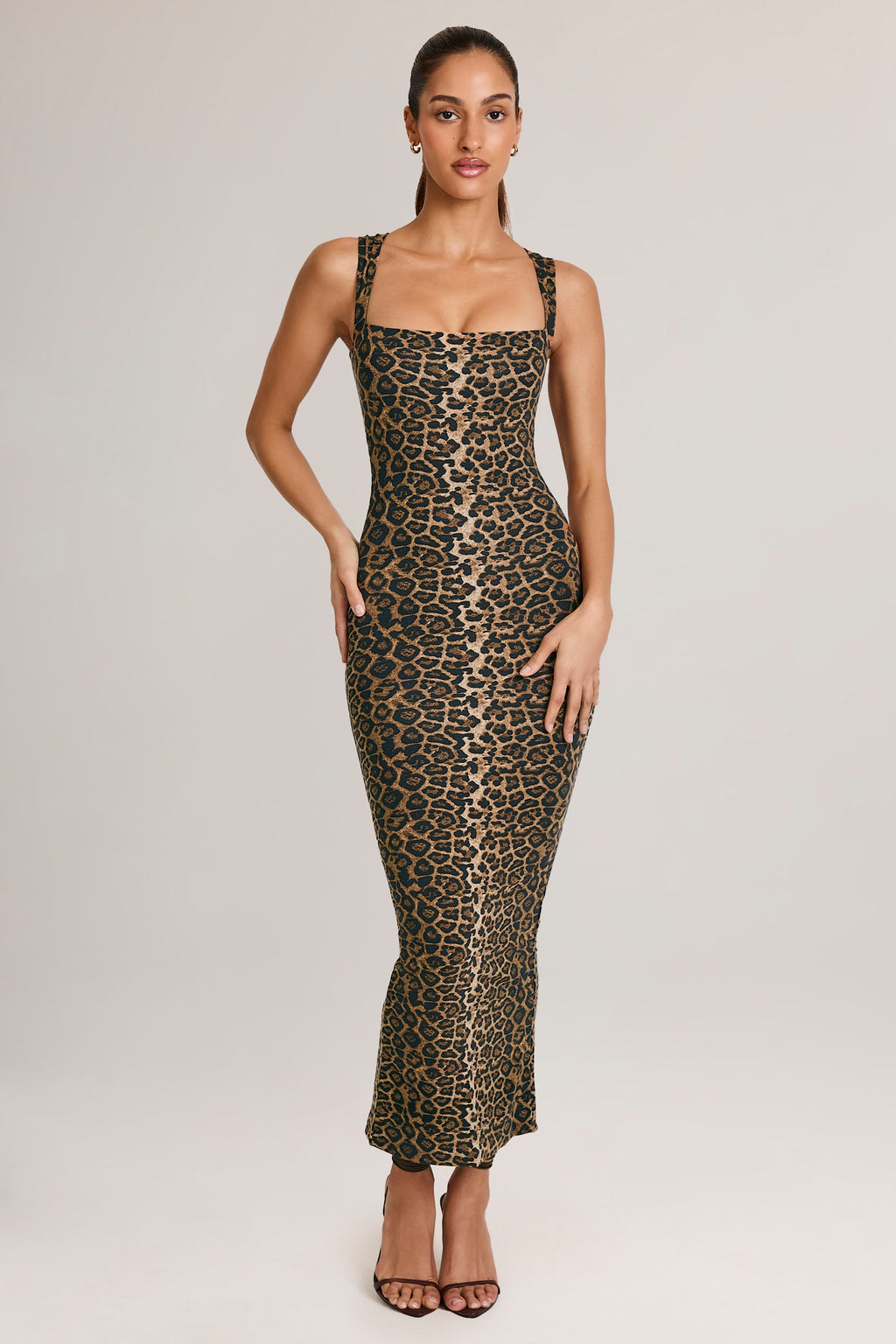 Chic Modal Square-Neck Bodycon Midi Dress in Leopard Print