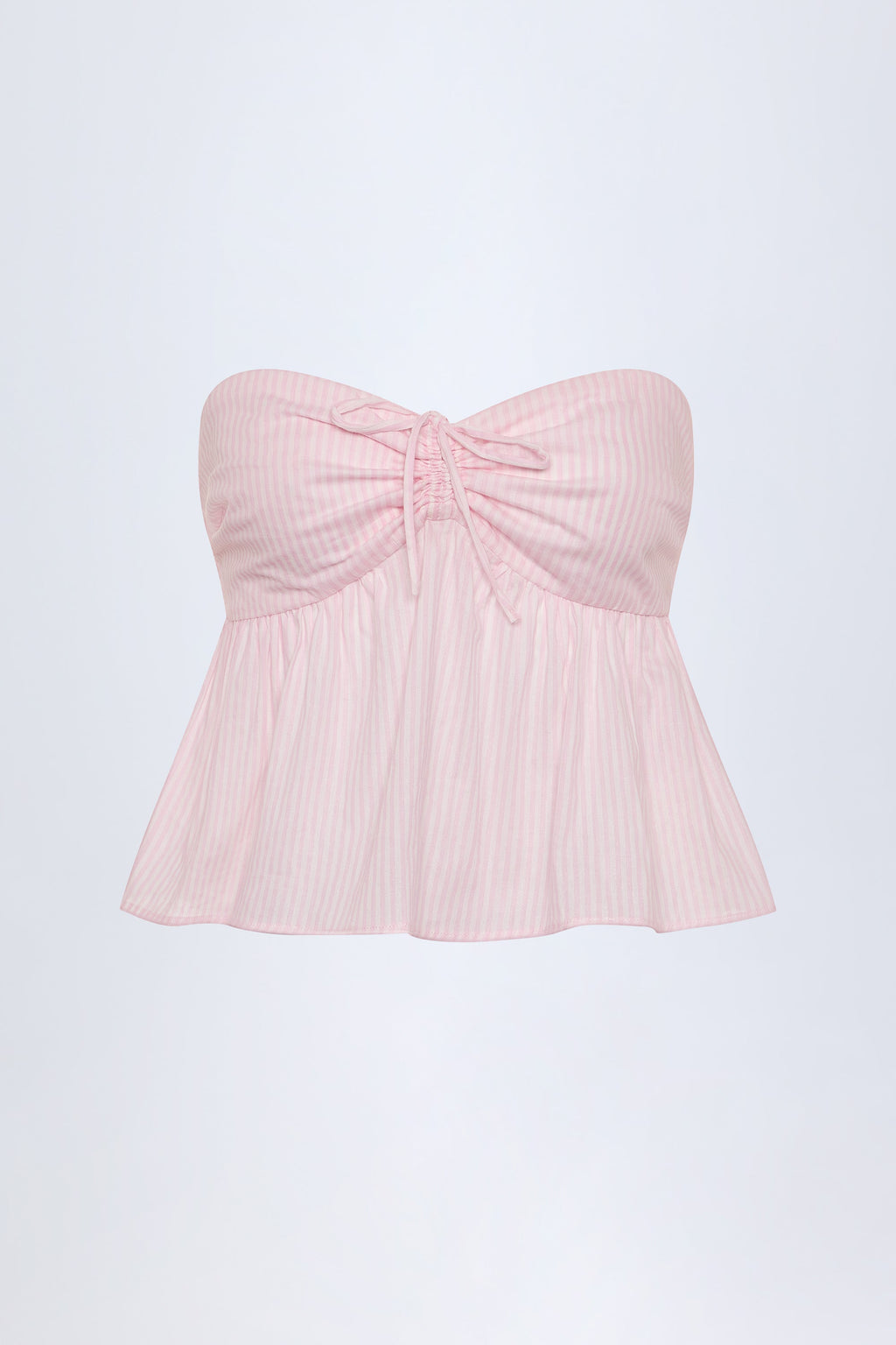 Chic Tie-Front Strapless Cotton-Poplin Crop Top in Pink White Stripe