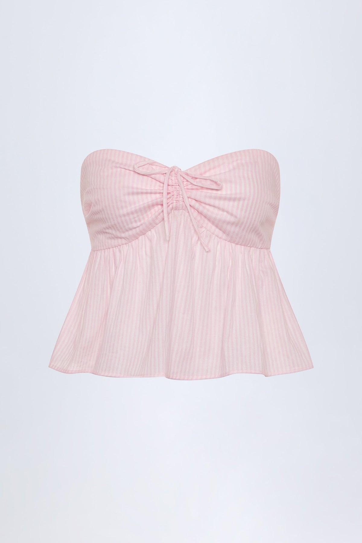 Chic Tie-Front Strapless Cotton-Poplin Crop Top in Pink White Stripe