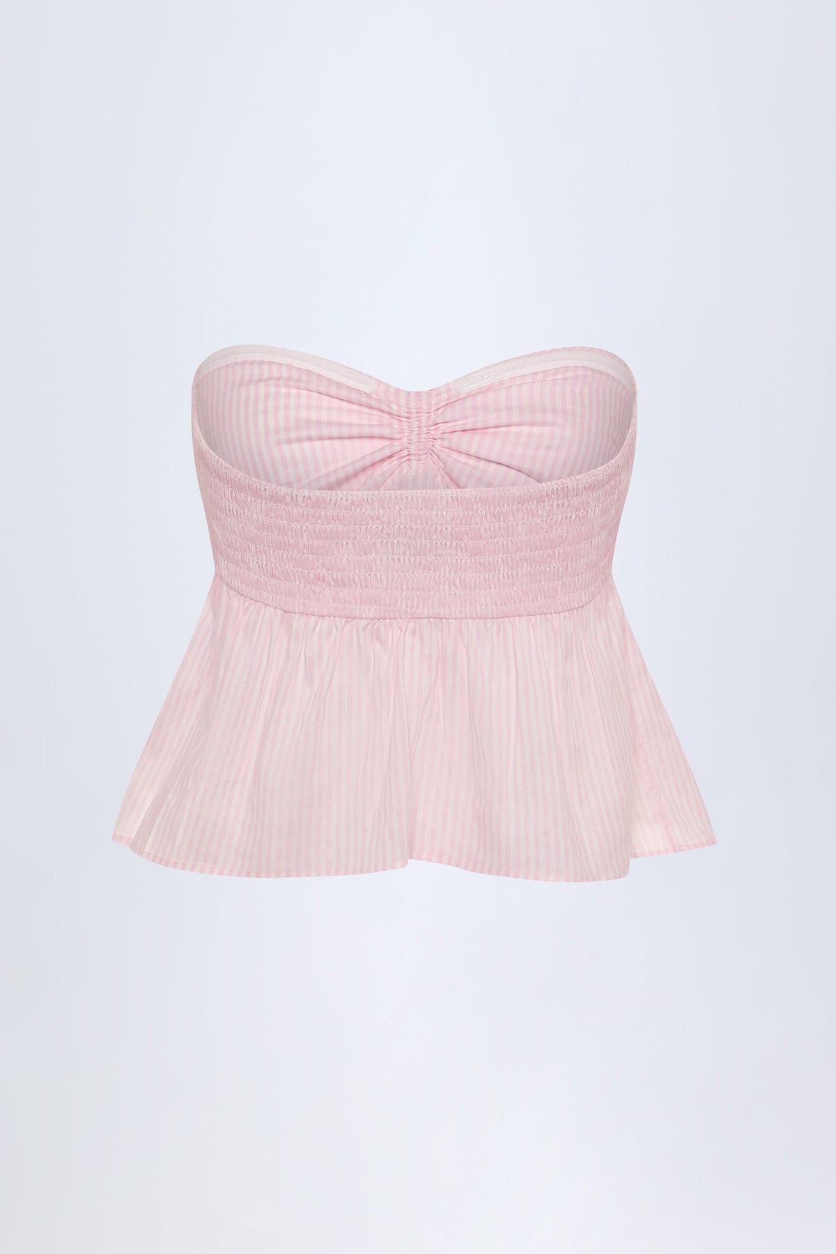 Chic Tie-Front Strapless Cotton-Poplin Crop Top in Pink White Stripe