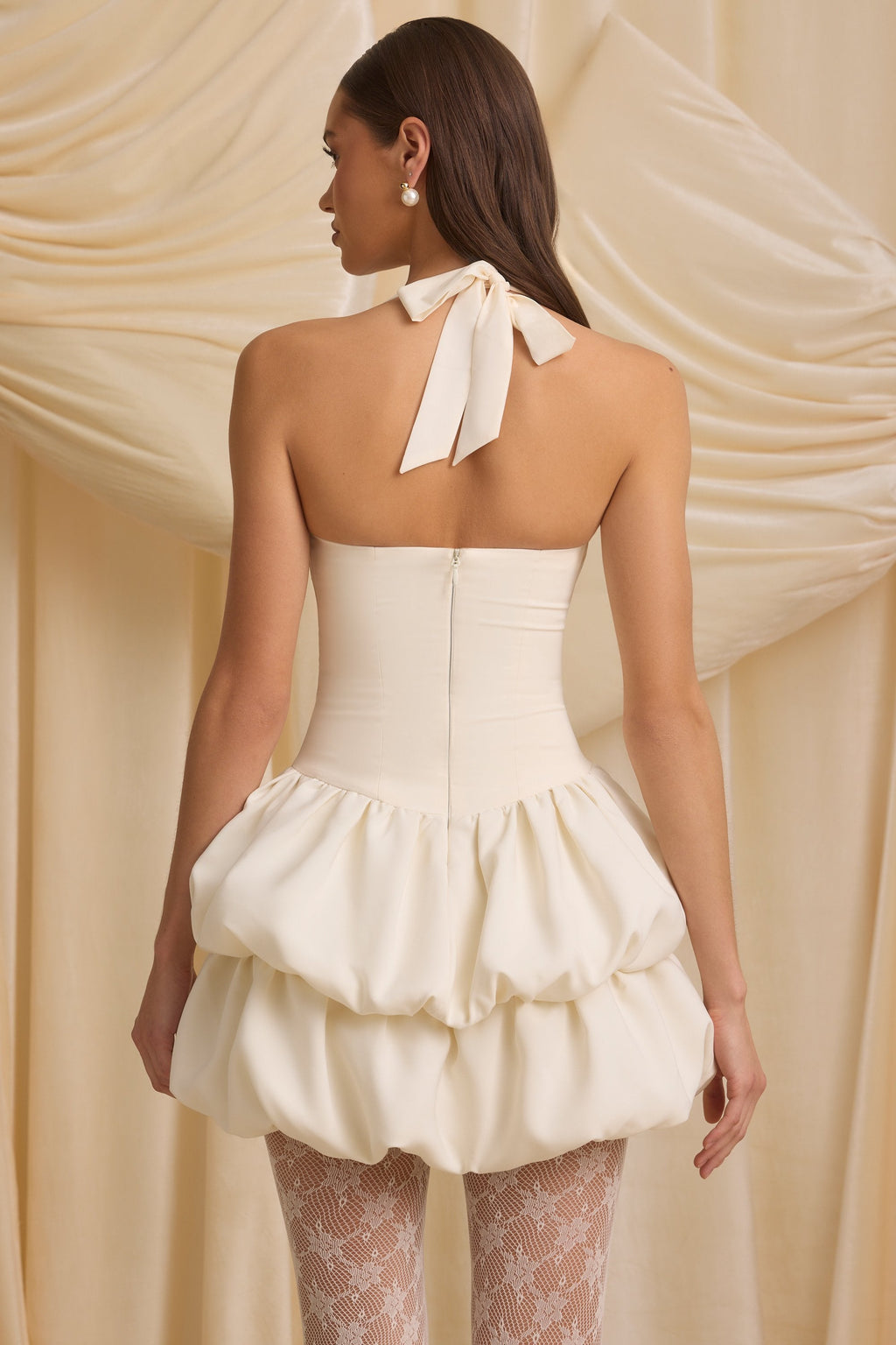 Chic Halterneck Layered Bubble Hem Corset Mini Dress in Ivory