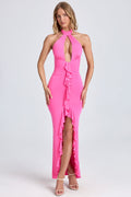 Chic Ruffle-Trim Halterneck Gown in Lollipop Pink