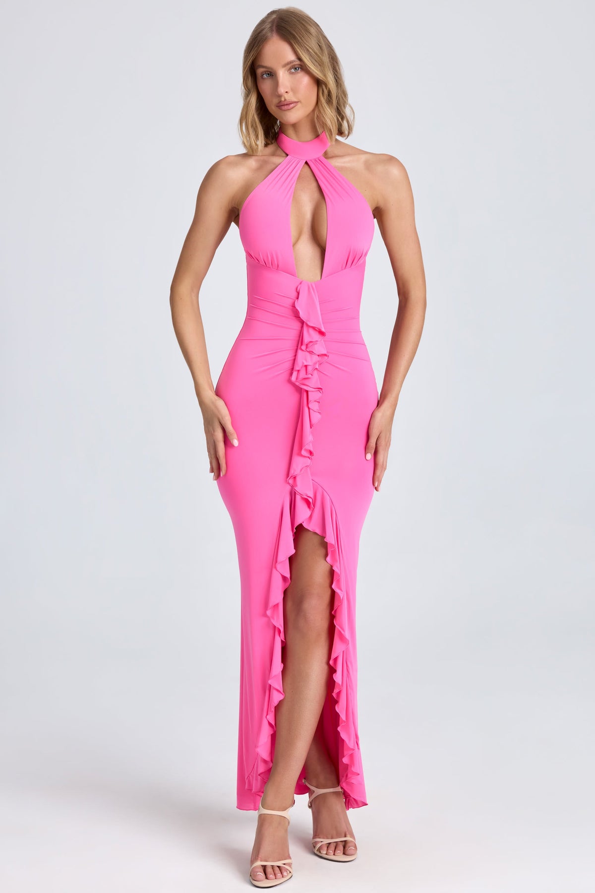 Chic Ruffle-Trim Halterneck Gown in Lollipop Pink