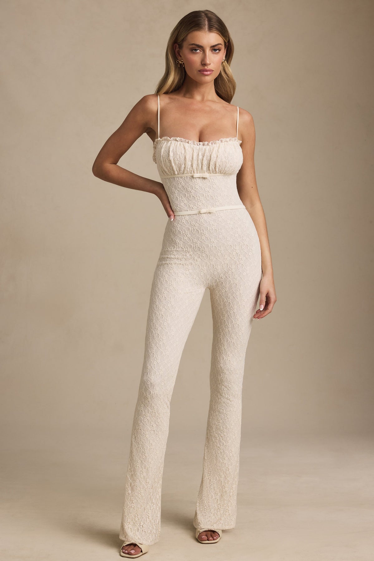 Chic Bow-Detail Lace Flared Jumpsuit in Ivory