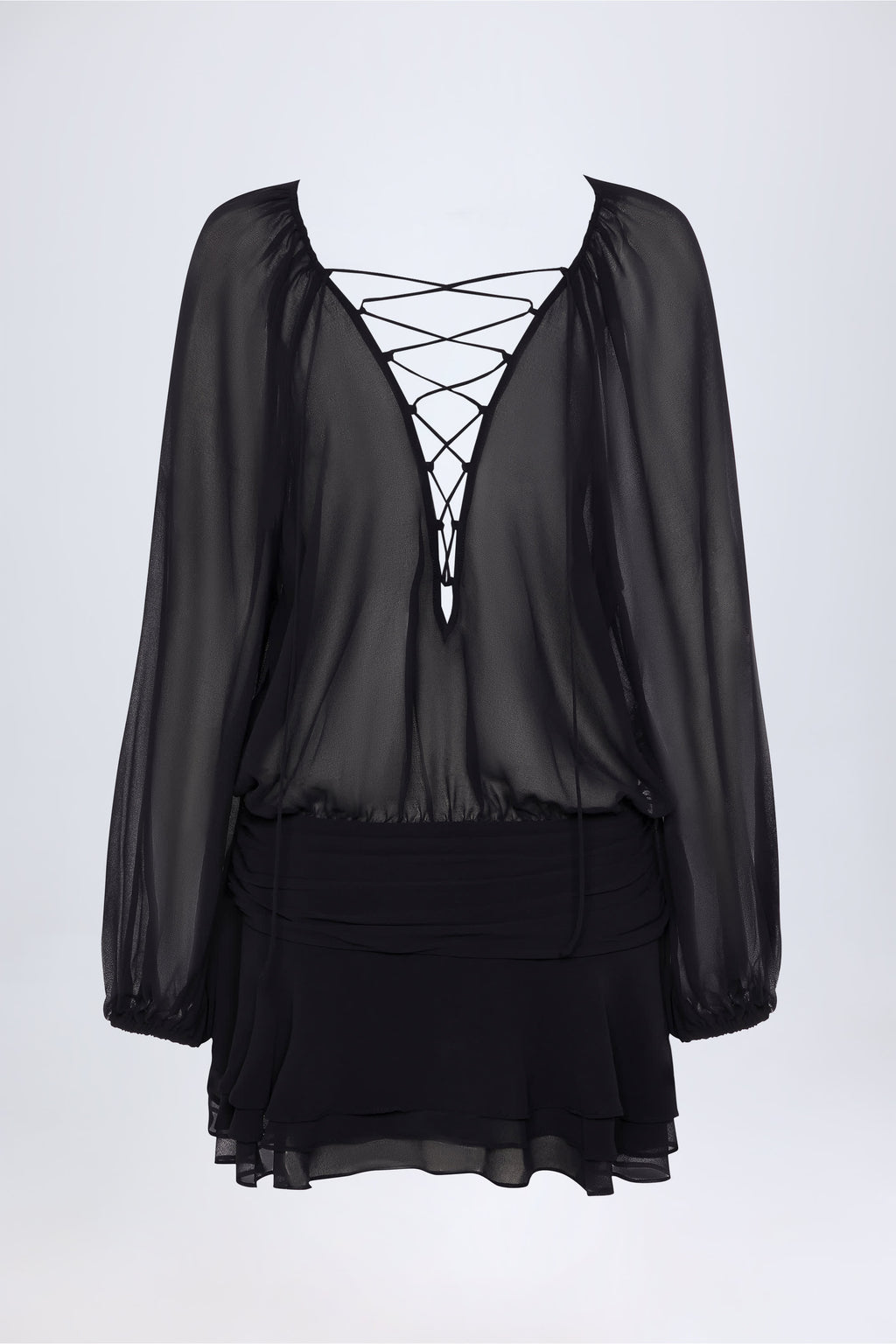 Chic Lace-Up Balloon-Sleeve Mini Dress in Black