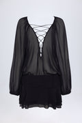 Chic Lace-Up Balloon-Sleeve Mini Dress in Black