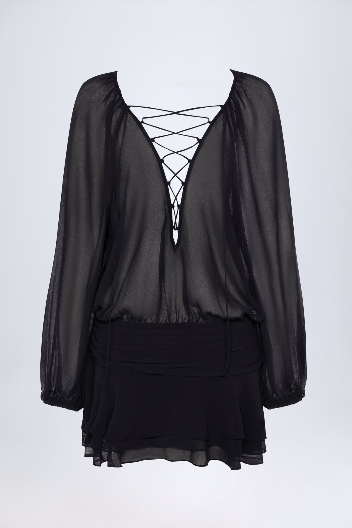 Chic Lace-Up Balloon-Sleeve Mini Dress in Black