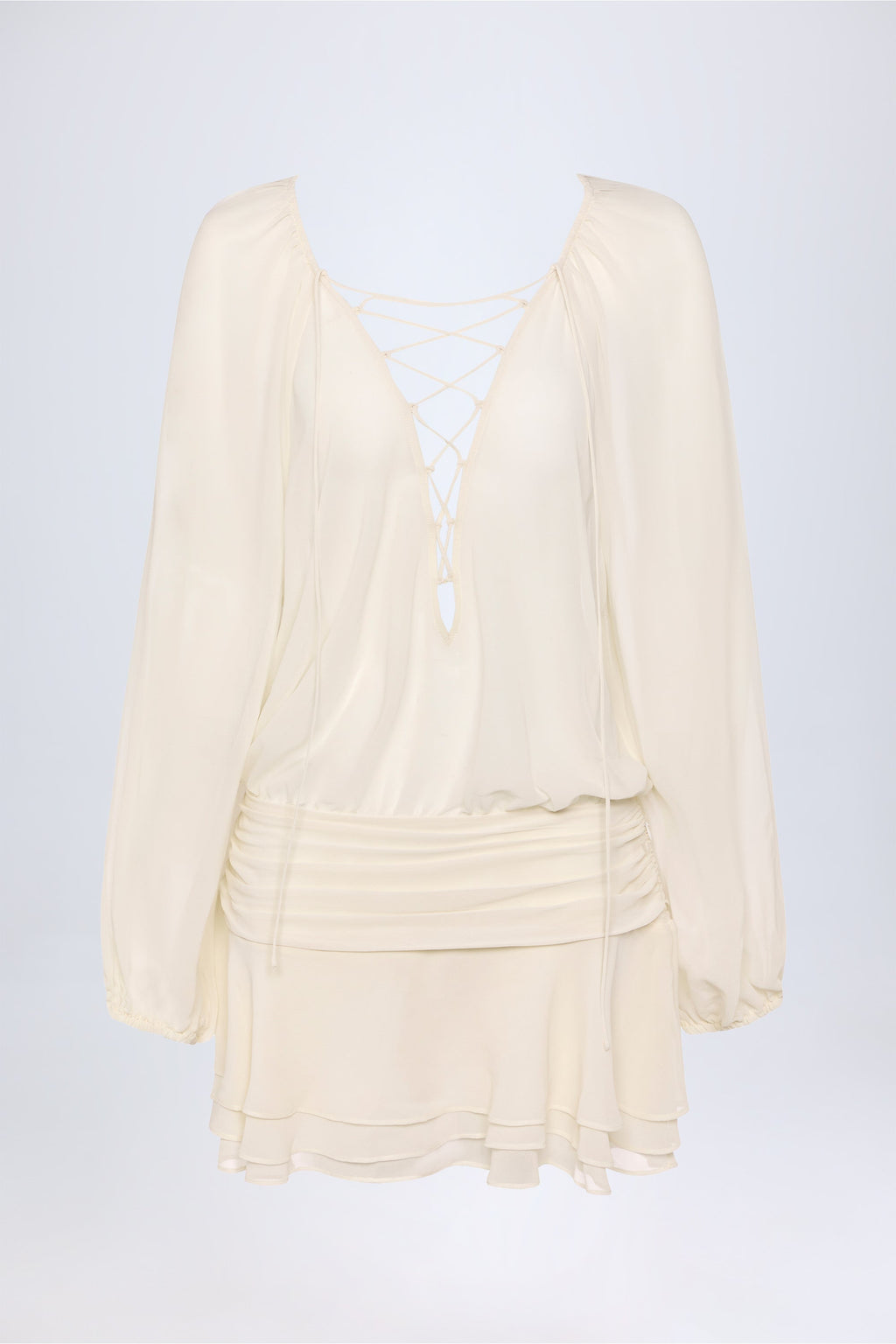 Chic Lace-Up Balloon-Sleeve Mini Dress in Ivory