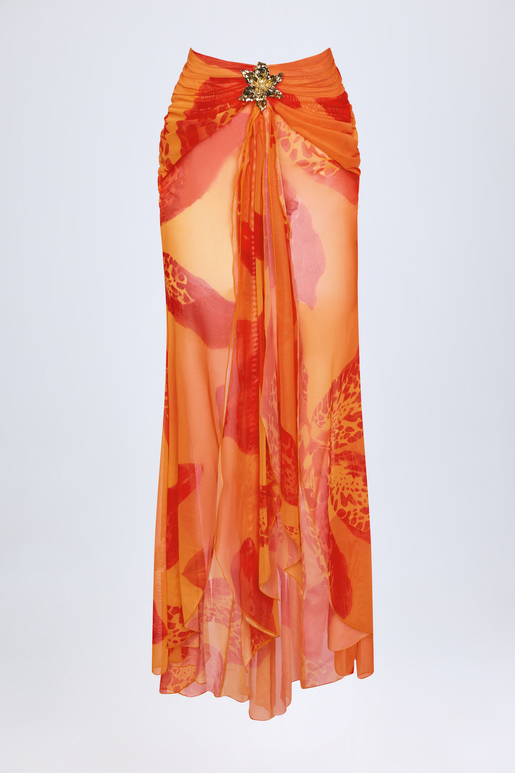 Chic Ruched Hardware-Detail Fishtail Maxi Skirt in Orange Orchid Print
