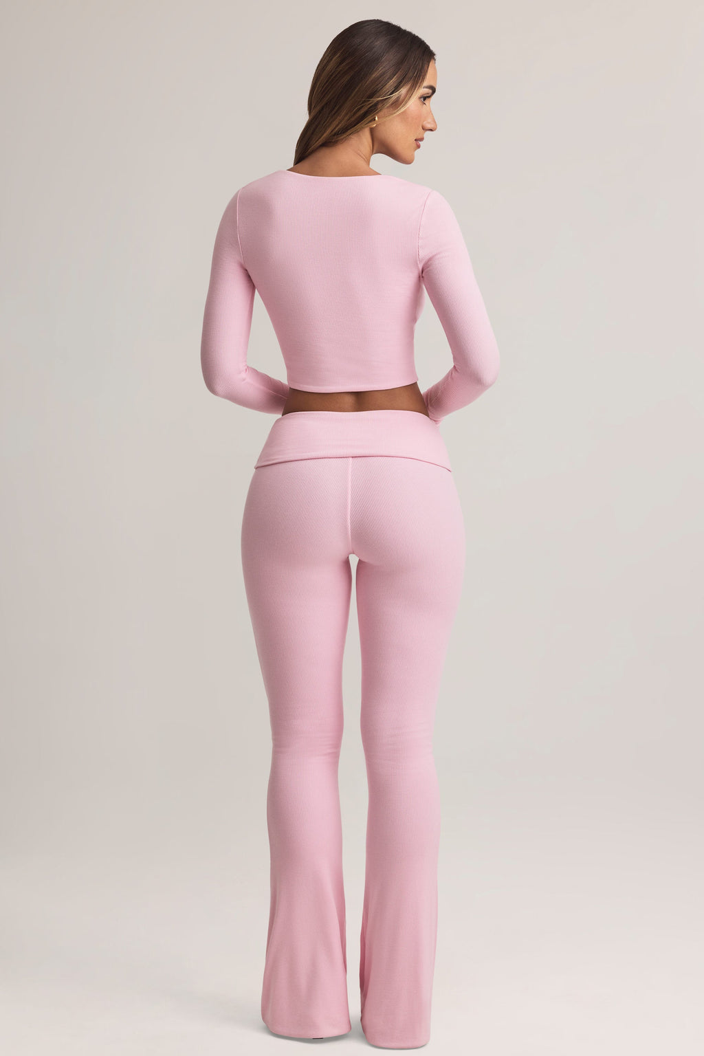 Chic Modal Foldover Mid-Rise Flared Trousers in Pastel Pink