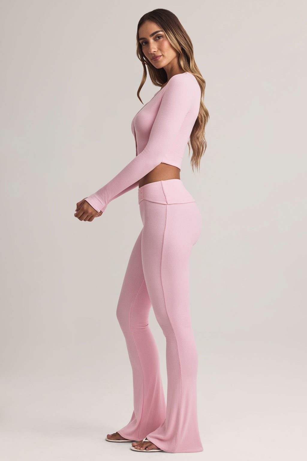 Chic Modal Foldover Mid-Rise Flared Trousers in Pastel Pink