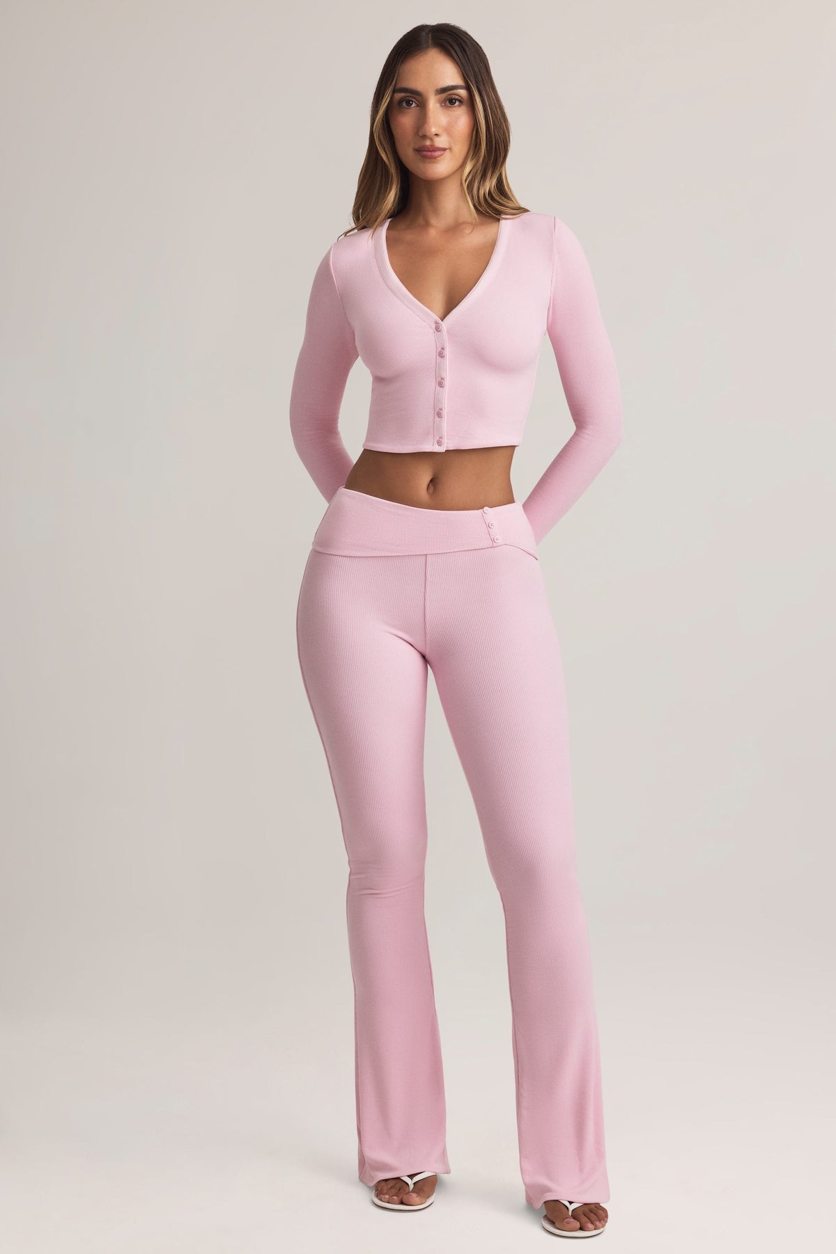 Chic Modal Foldover Mid-Rise Flared Trousers in Pastel Pink