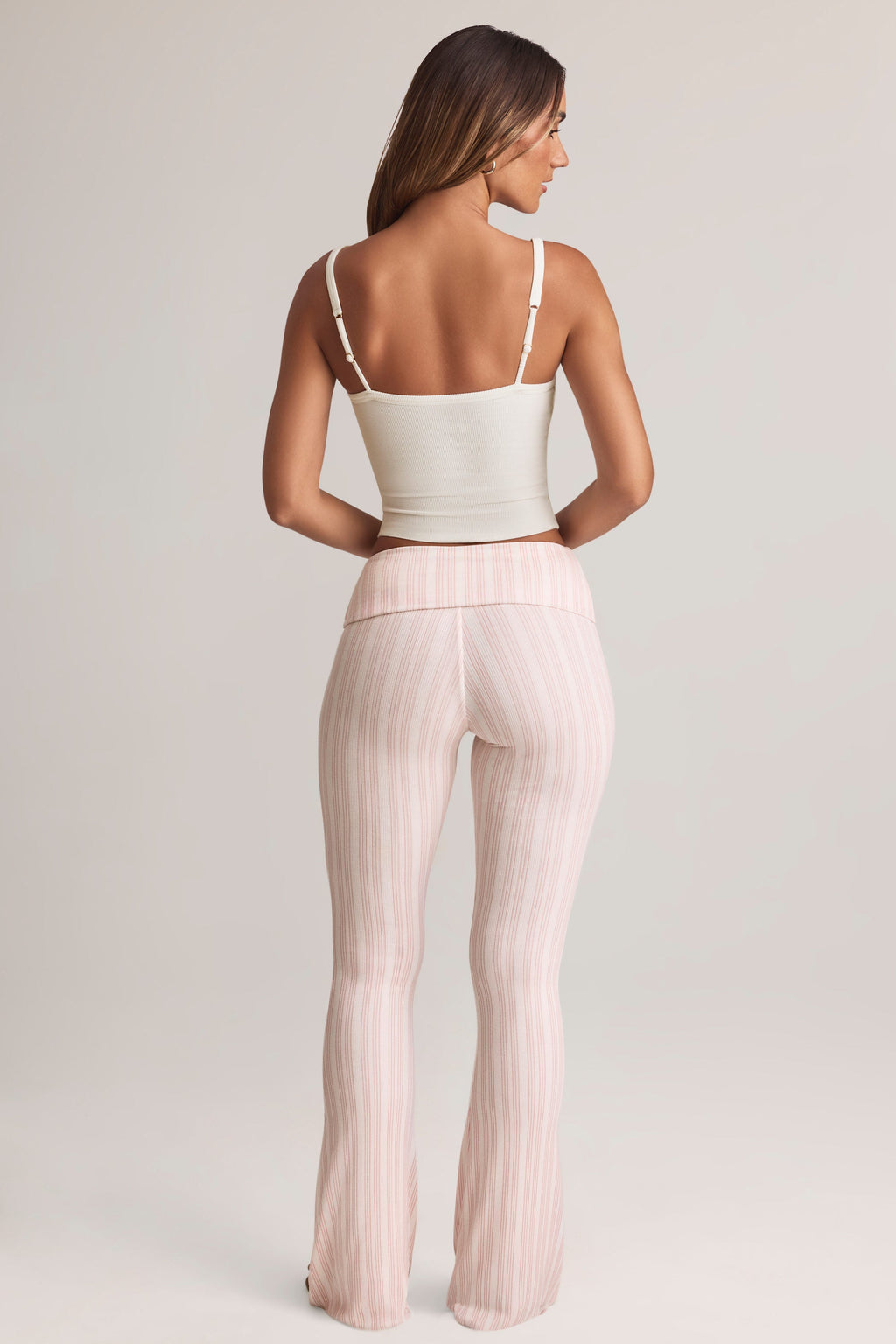 Chic Modal Foldover Mid-Rise Flared Trousers in Stripe Print