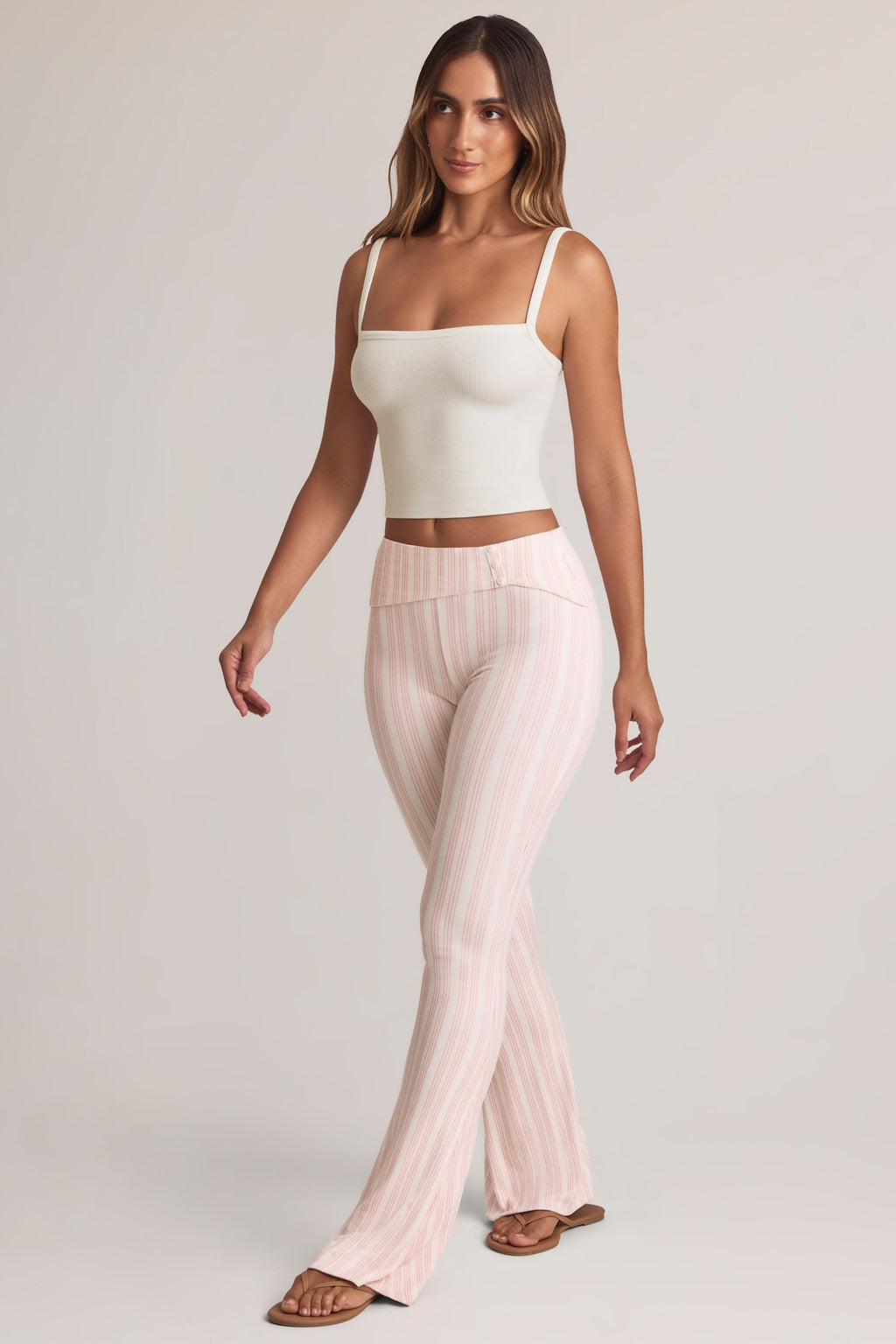 Chic Modal Foldover Mid-Rise Flared Trousers in Stripe Print