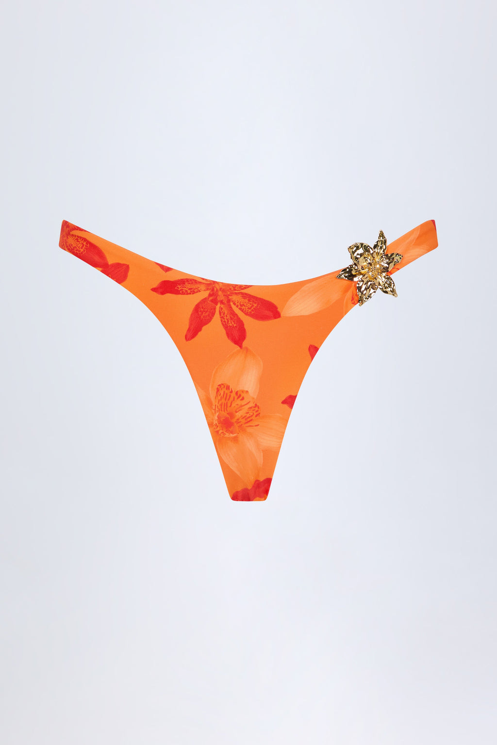 Chic Hardware-Detail Cheeky Bikini Bottoms in Orange Orchid Print