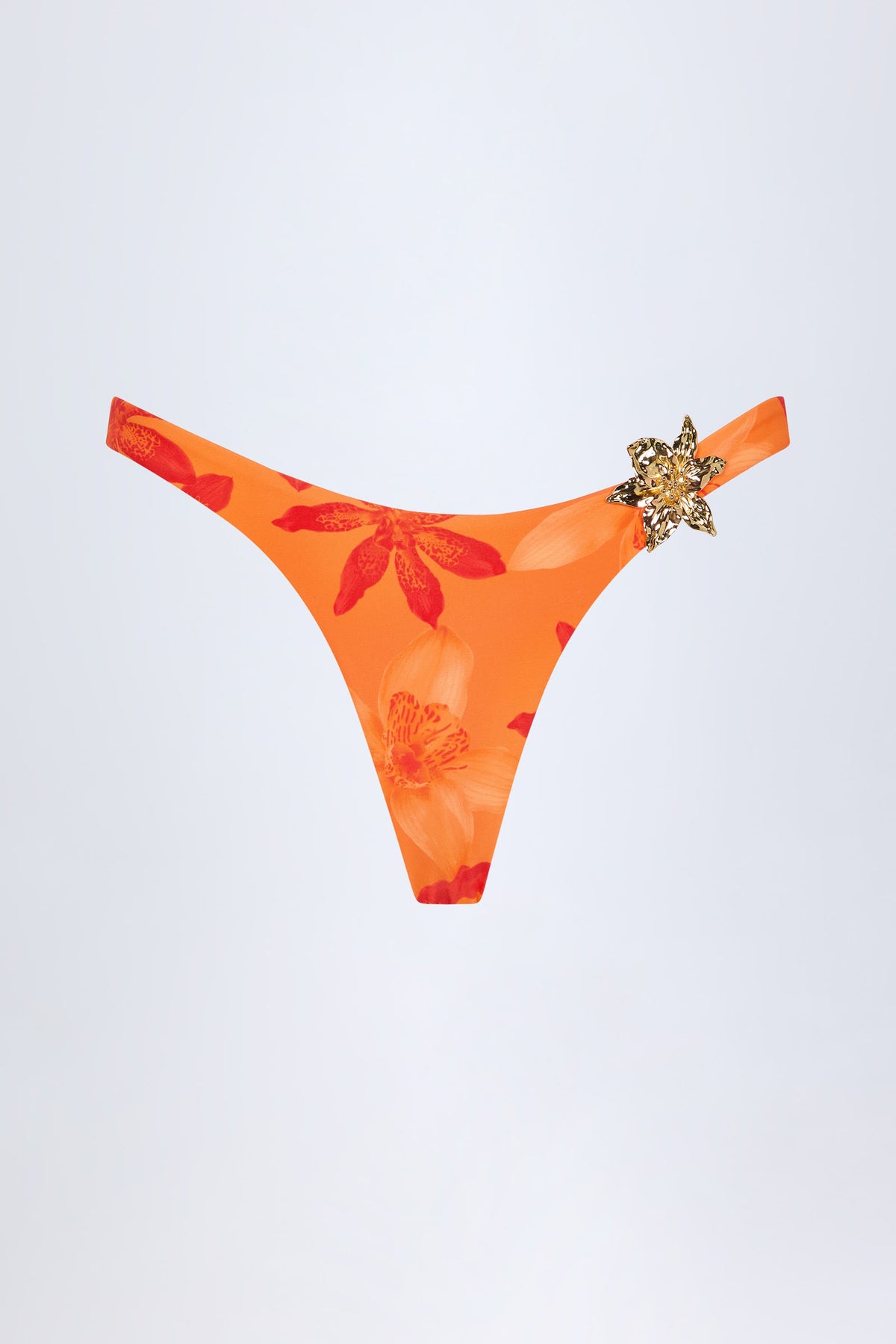 Chic Hardware-Detail Cheeky Bikini Bottoms in Orange Orchid Print
