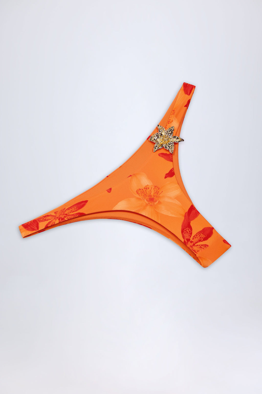 Chic Hardware-Detail Cheeky Bikini Bottoms in Orange Orchid Print
