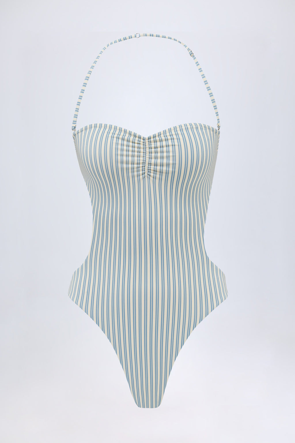Chic Cut-Out Halterneck Swimsuit in Teal Double Stripe