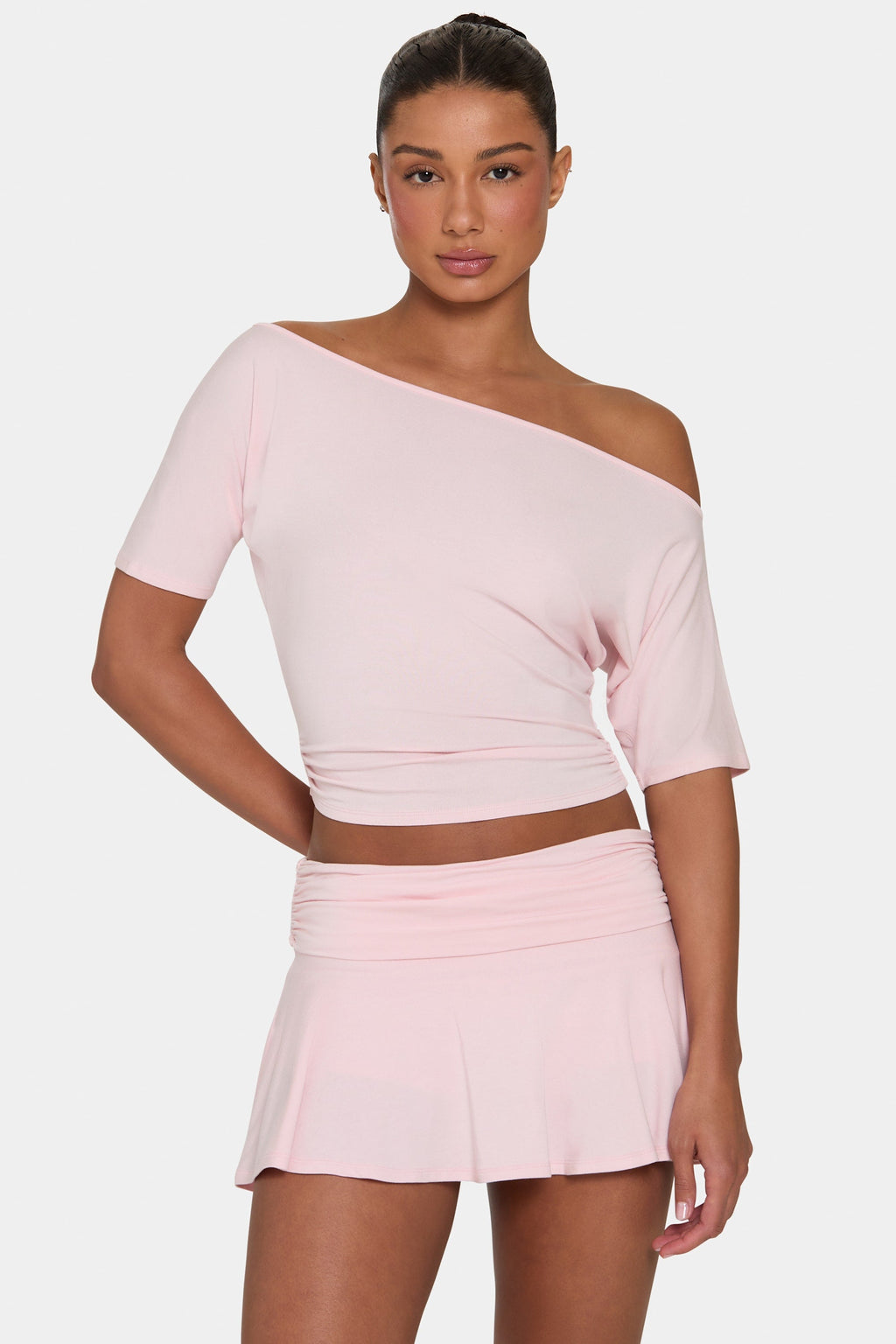 Chic ButterCloud Slouchy Off-Shoulder Top in Blush
