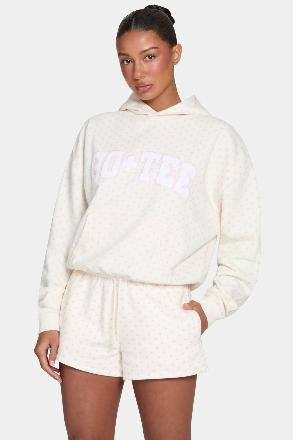 Chic Oversized Applique Hoodie in Blush Polka Dot