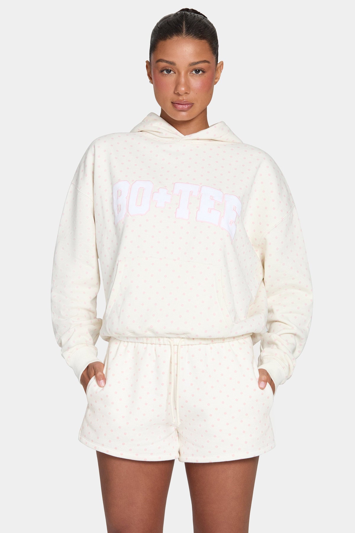 Chic Oversized Applique Hoodie in Blush Polka Dot