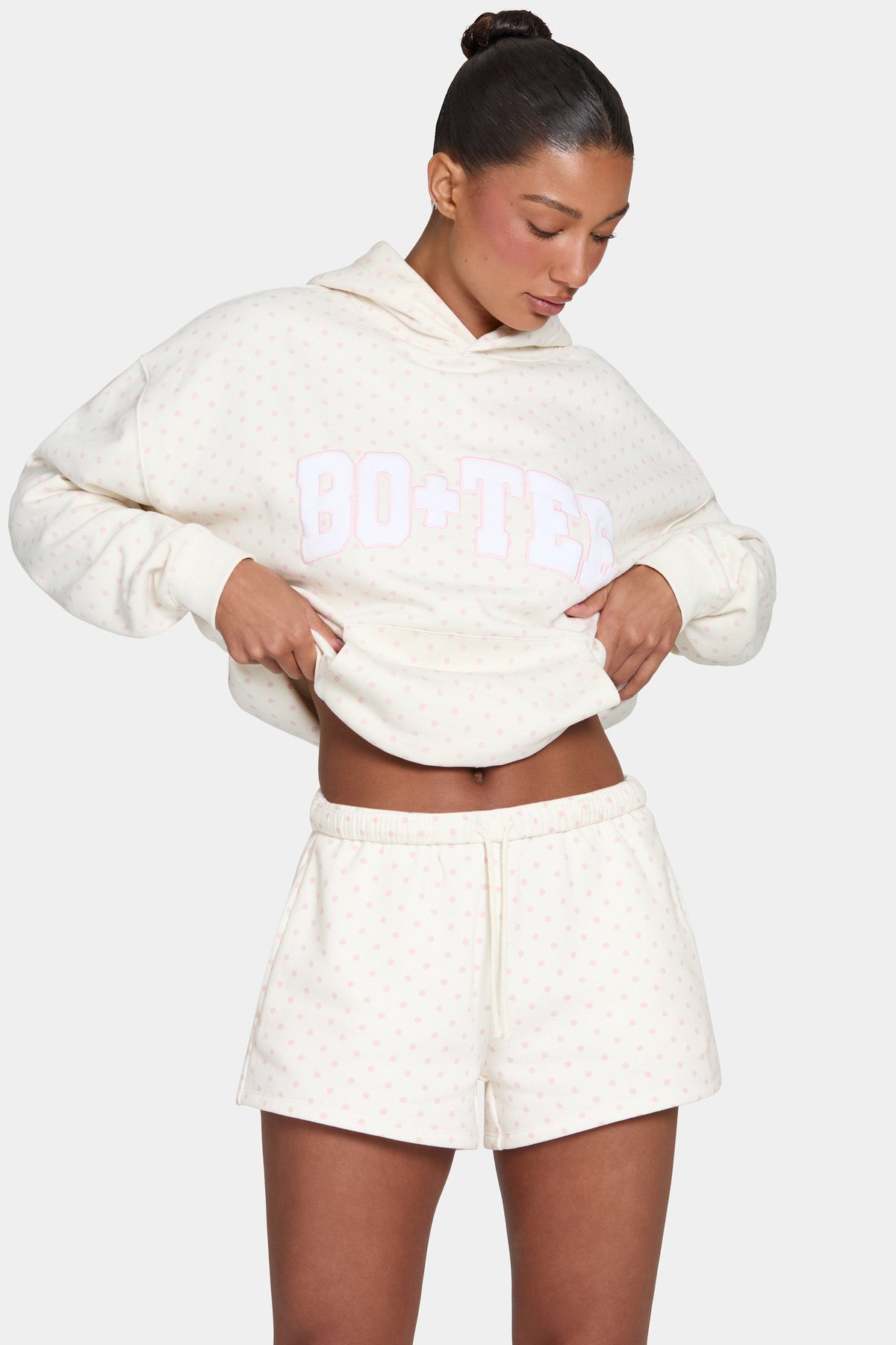 Chic Oversized Applique Hoodie in Blush Polka Dot