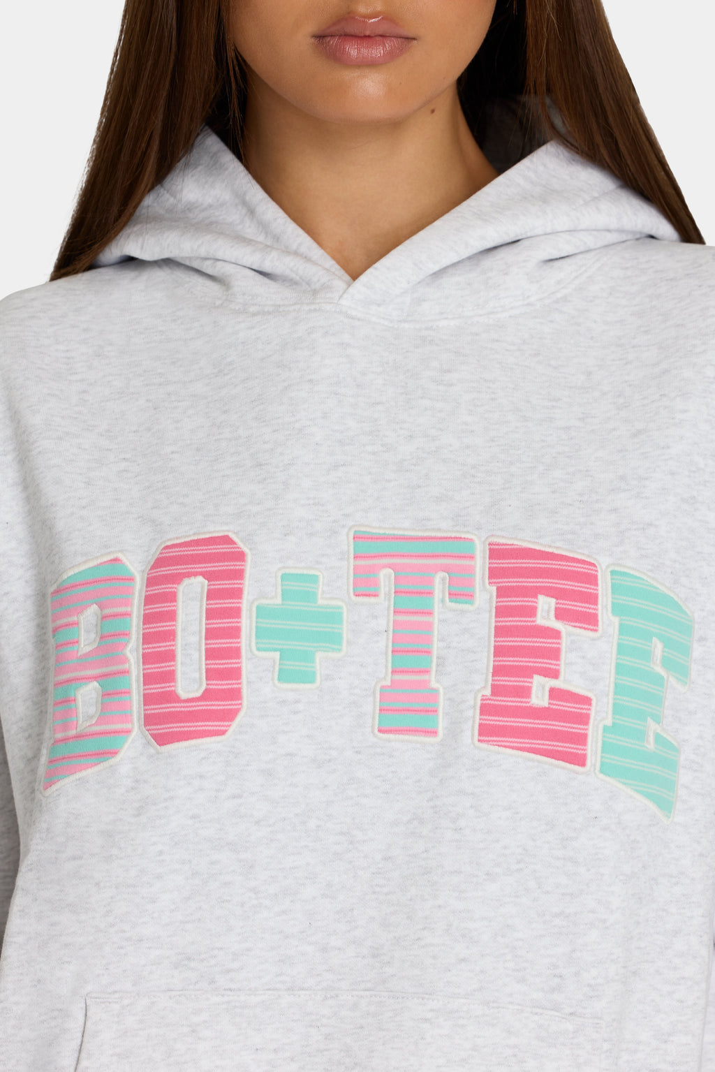 Chic Oversized Applique Hoodie in Grey Marl Stripe