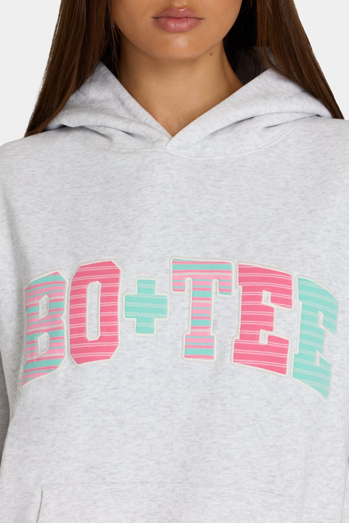 Chic Oversized Applique Hoodie in Grey Marl Stripe
