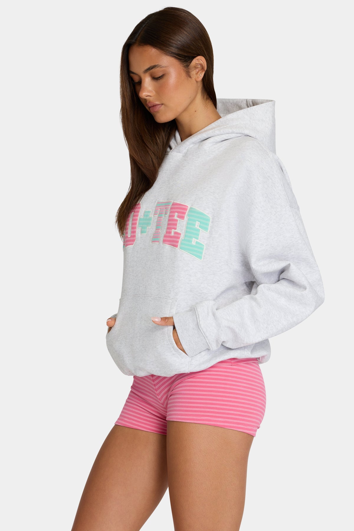 Chic Oversized Applique Hoodie in Grey Marl Stripe
