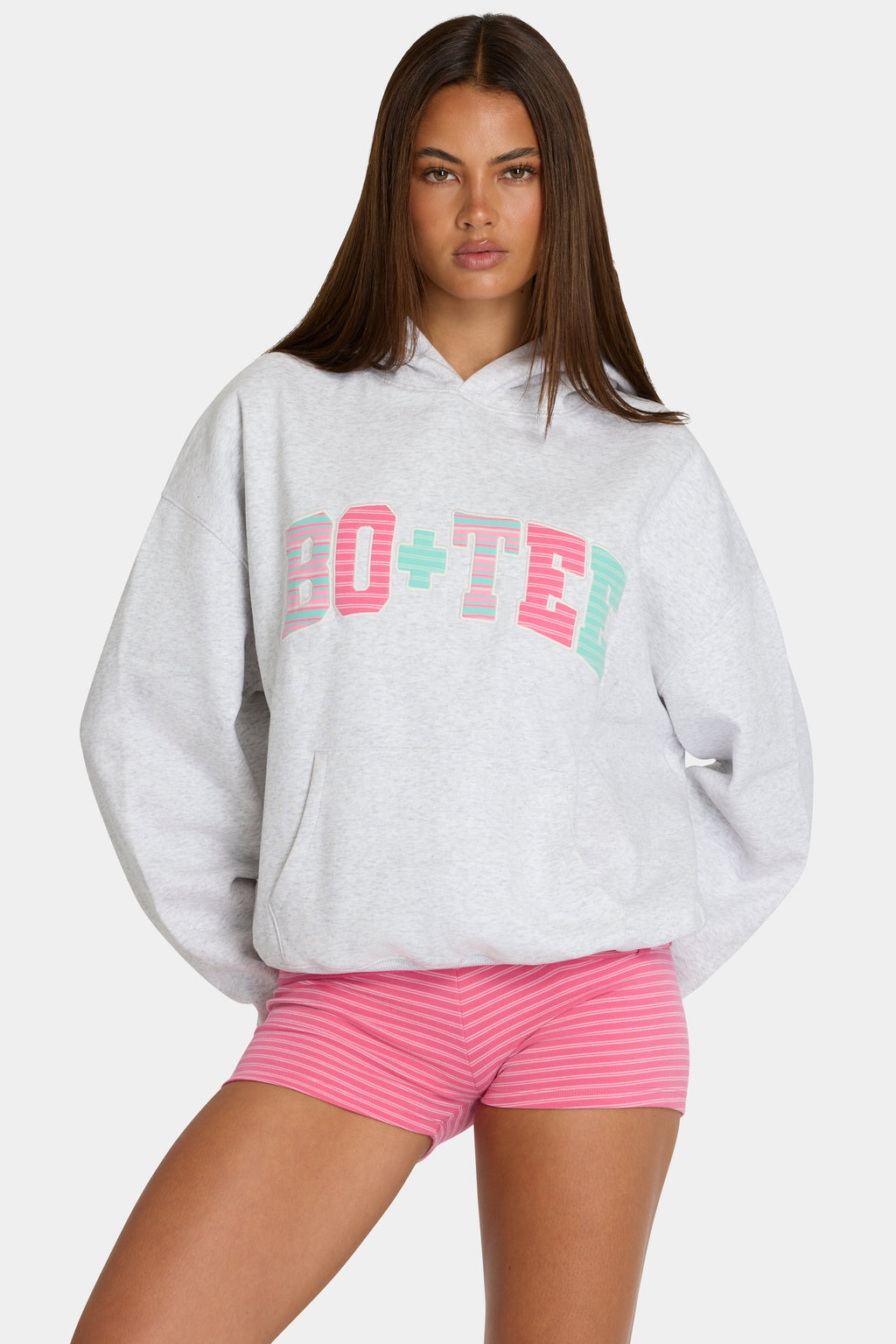 Chic Oversized Applique Hoodie in Grey Marl Stripe