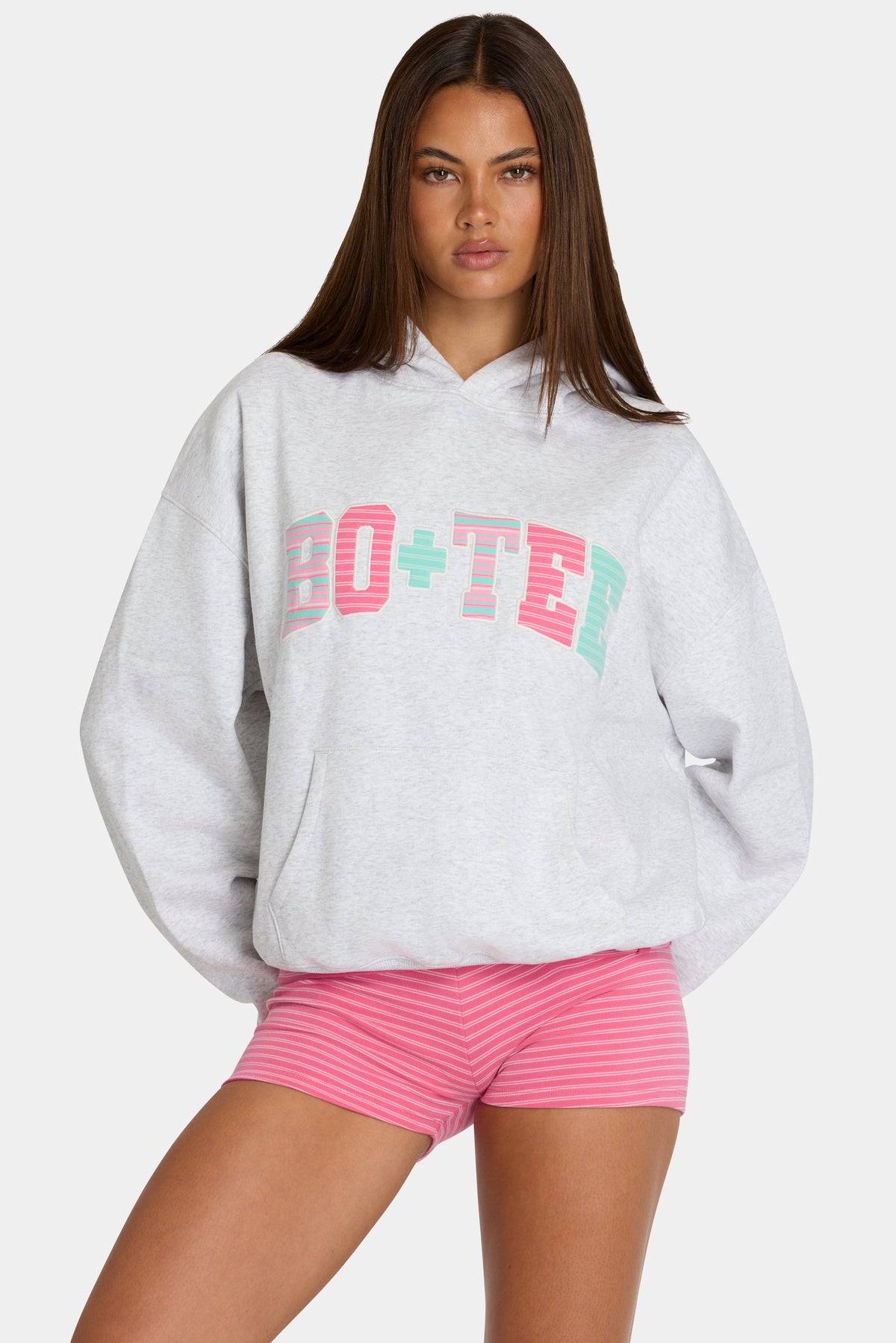Chic Oversized Applique Hoodie in Grey Marl Stripe