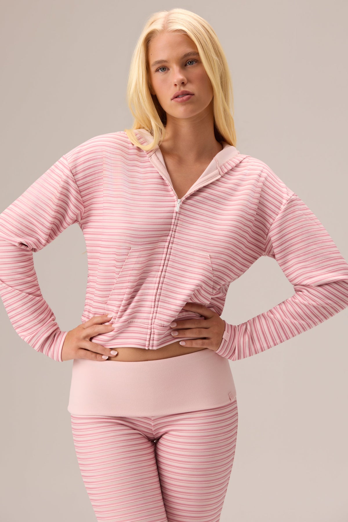 Chic Plush Jersey Zip-Up Hoodie in Berry Stripe