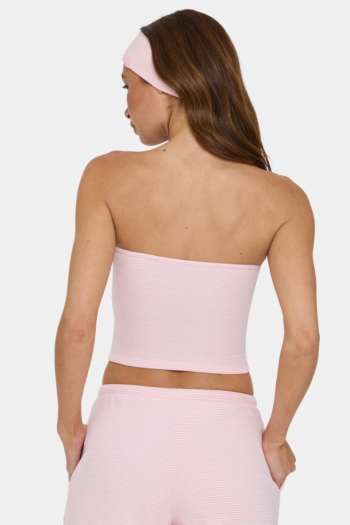 Chic Ribbed Jersey Bandeau Top in Peach Stripe