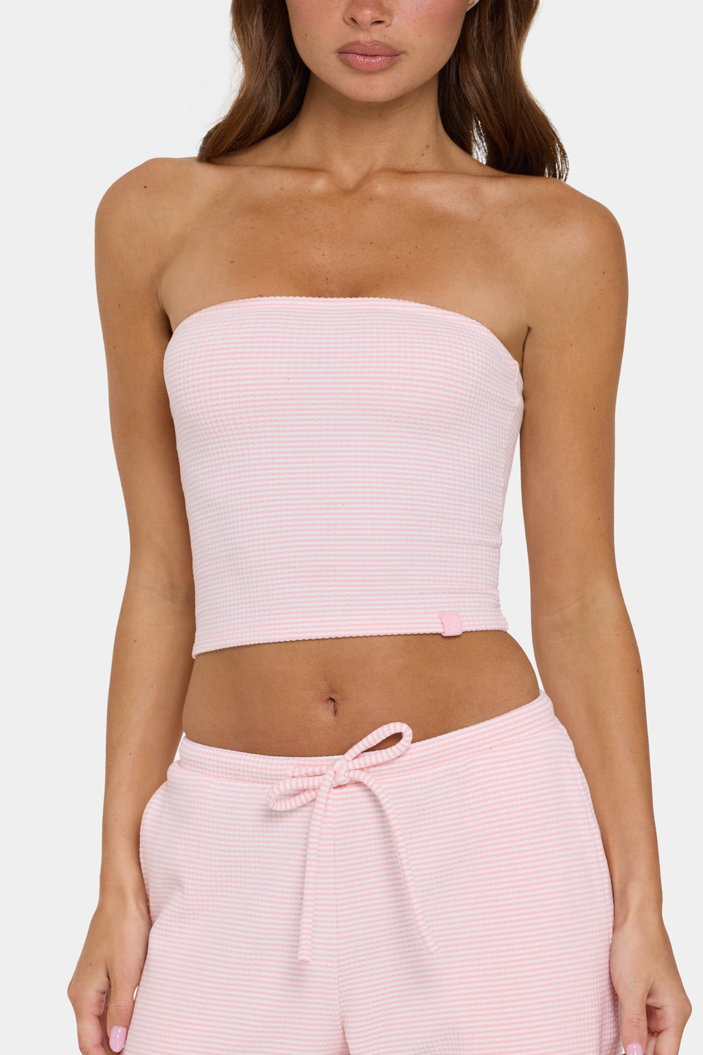 Chic Ribbed Jersey Bandeau Top in Peach Stripe