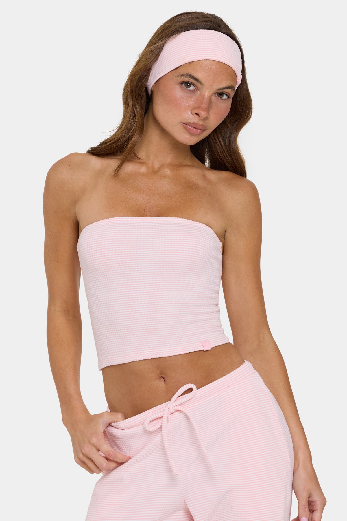 Chic Ribbed Jersey Bandeau Top in Peach Stripe