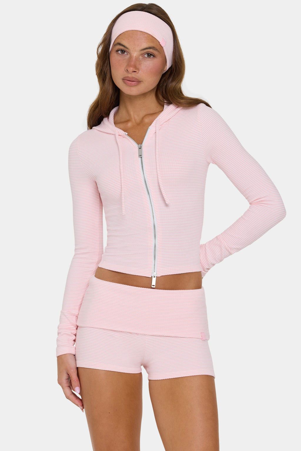 Chic Ribbed Jersey Cropped Hoodie in Peach Stripe