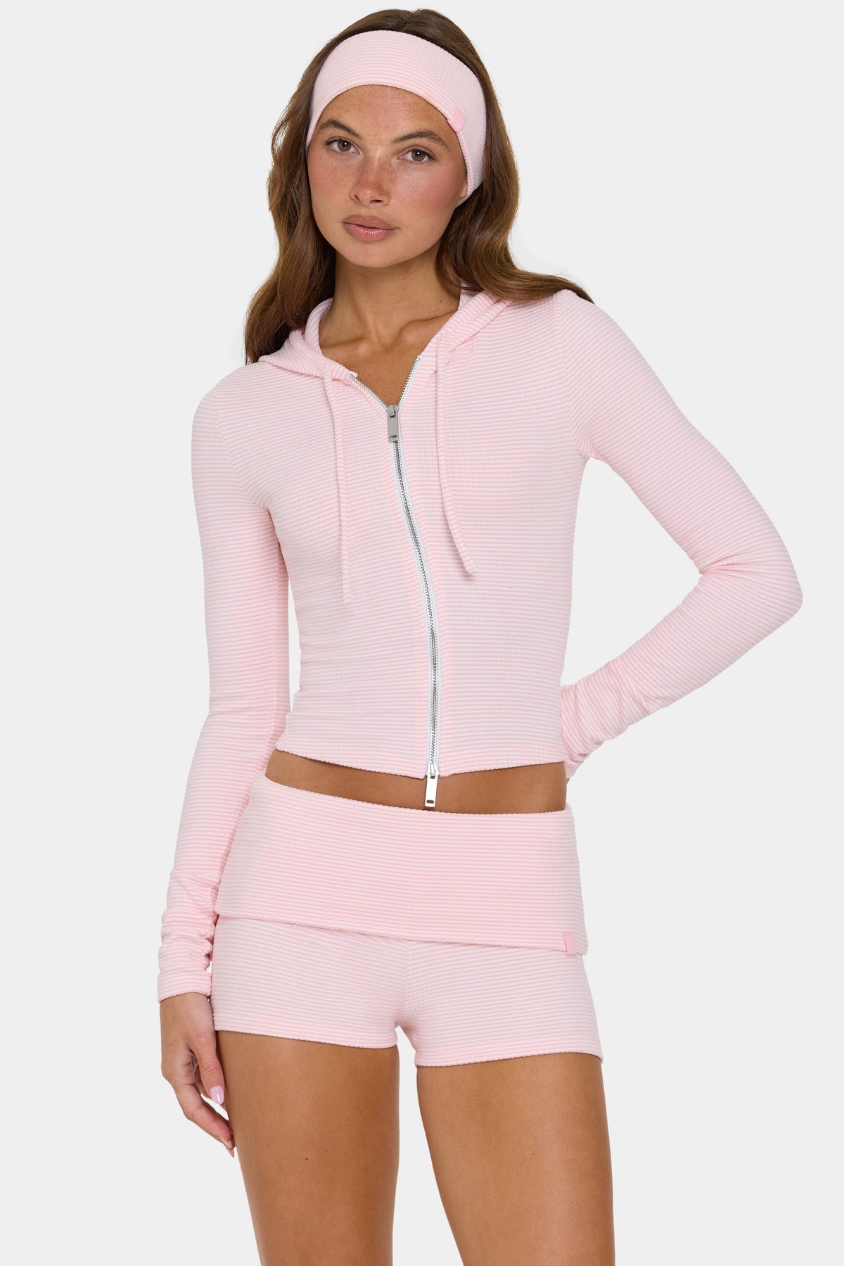 Chic Ribbed Jersey Cropped Hoodie in Peach Stripe