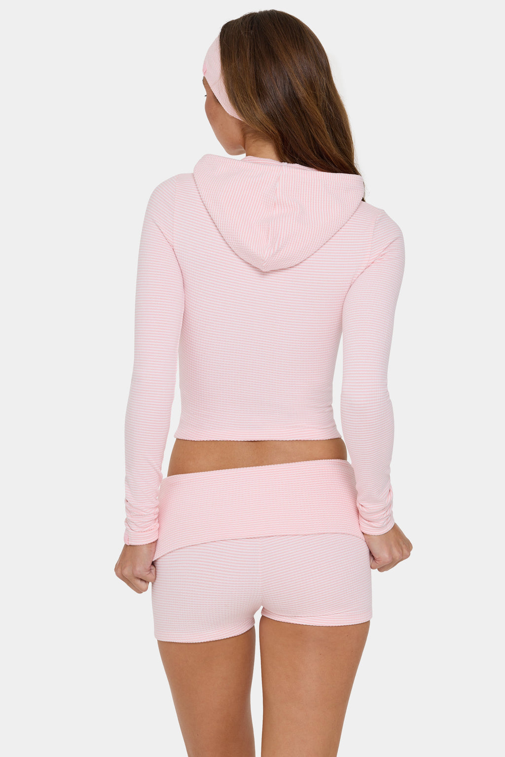 Chic Ribbed Jersey Cropped Hoodie in Peach Stripe