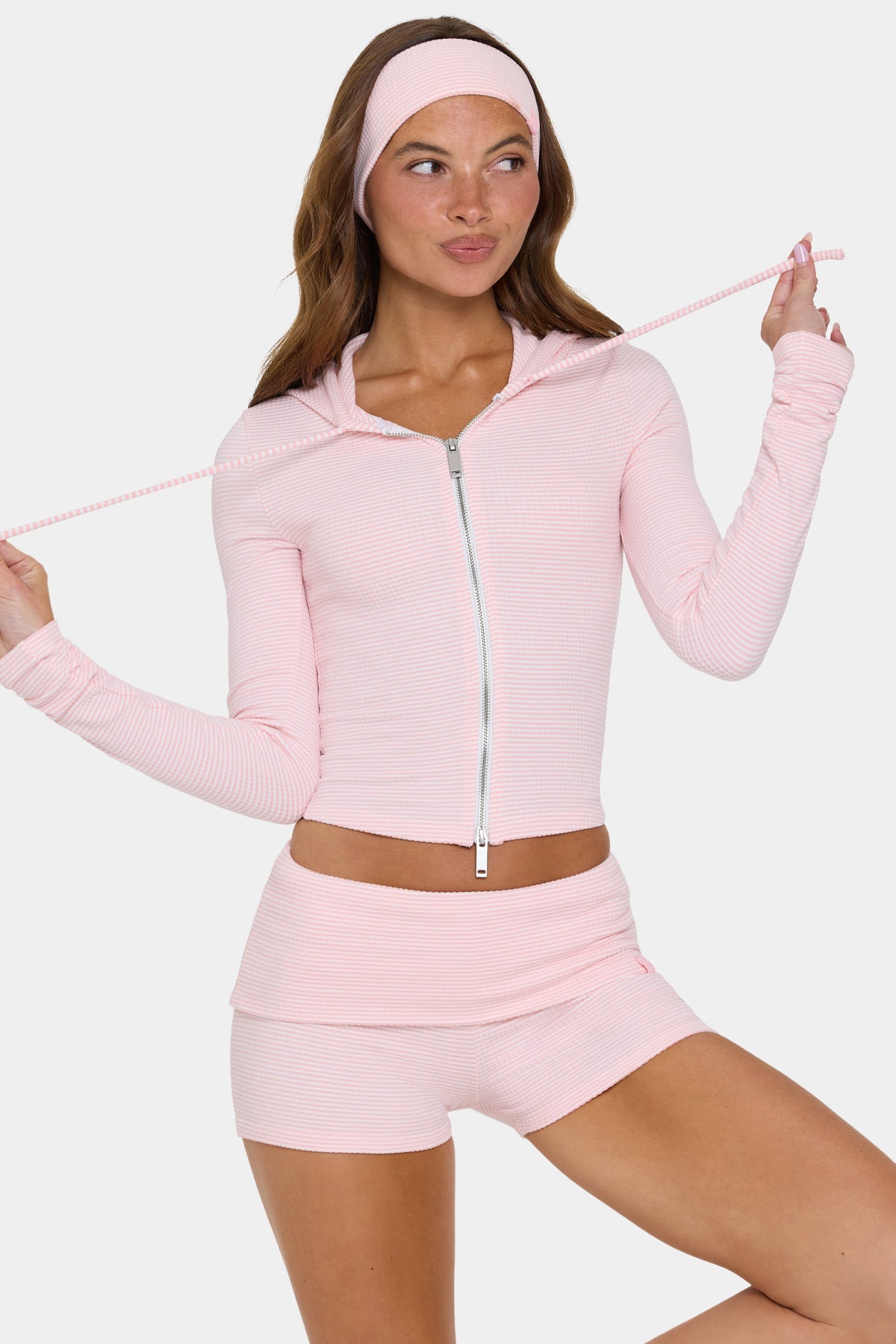 Chic Ribbed Jersey Cropped Hoodie in Peach Stripe