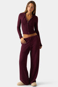 Chic Ribbed Jersey Low-Rise Trousers in Plum