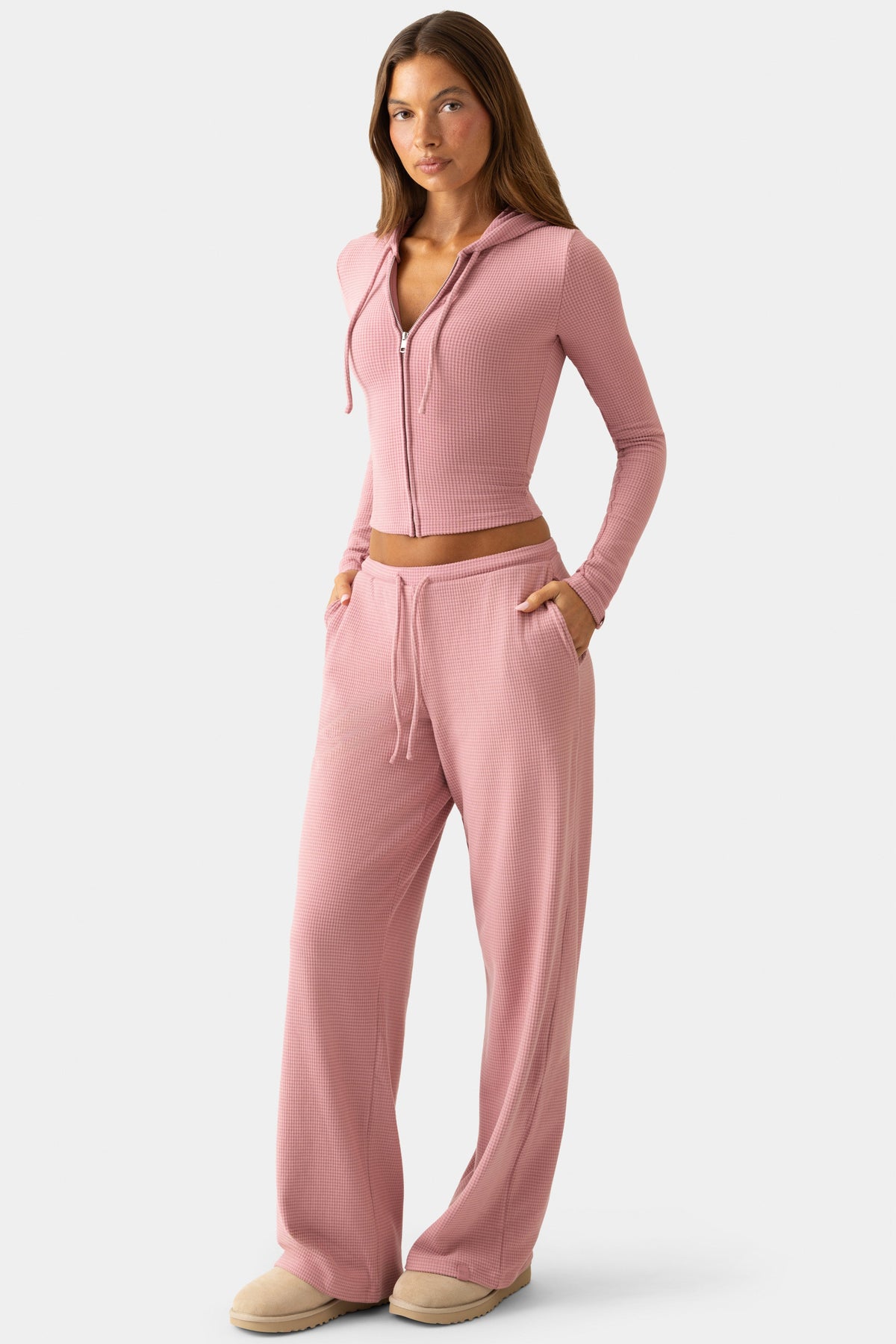 Chic Ribbed Jersey Low-Rise Trousers in Berry