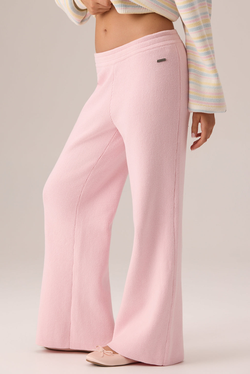Chic Ribbed Knit Wide-Leg Joggers in Ballet