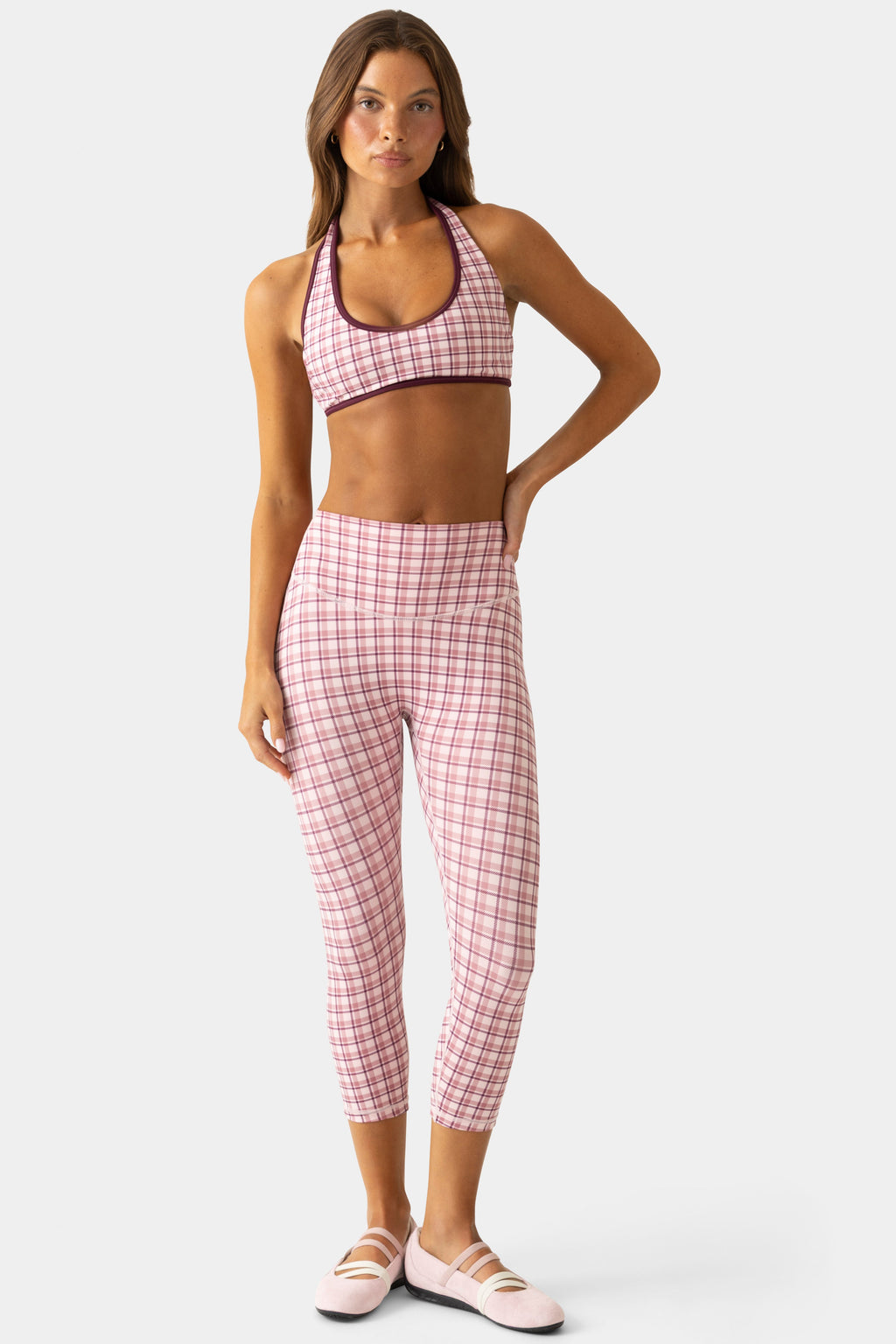 Chic Soft Active Capri Leggings in Berry Plaid