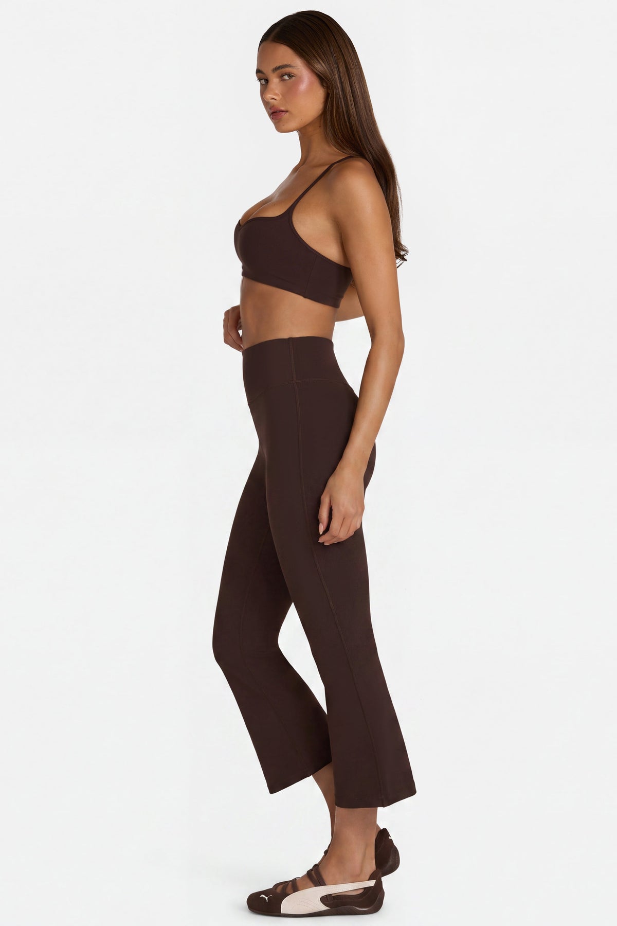 Chic Soft Active Flared Capri Leggings in Espresso