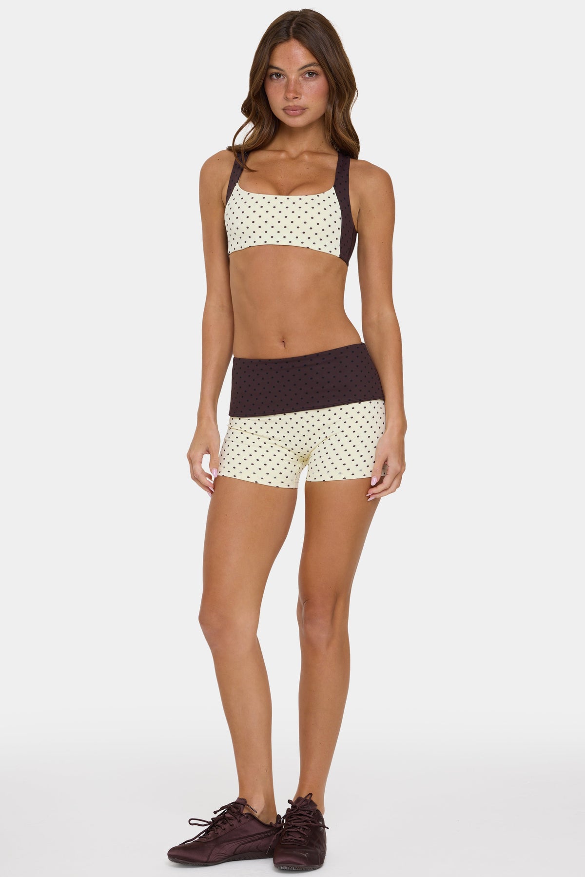 Chic Soft Active Foldover Mini Shorts in Cookie Butter