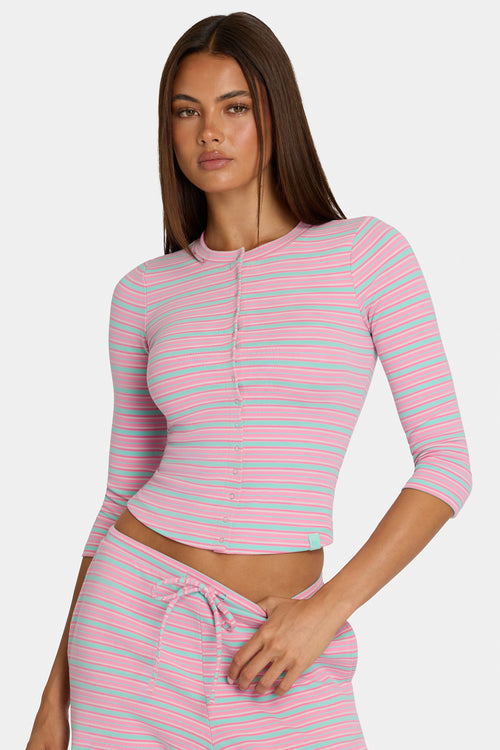 Chic Brushed Jersey Crewneck Cardigan in Multi Stripe