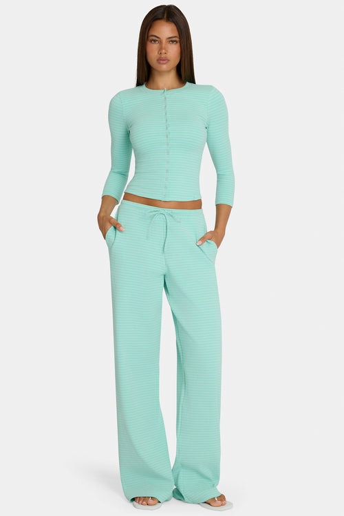 Chic Brushed Jersey Low-Rise Trousers in Aqua Stripe